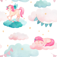 Watercolor seamless pattern with illustration of a cute unicorns on clouds with rainbow, stars, flags in pink and turquoise colors. Fairy-tale cartoon character png