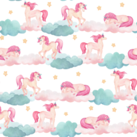 Watercolor seamless pattern with illustration of a cute unicorns on clouds with rainbow, stars, flags in pink and turquoise colors. Fairy-tale cartoon character png