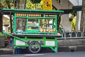 un calle comida vendedor carro de venta albóndigas y joven Coco hielo foto