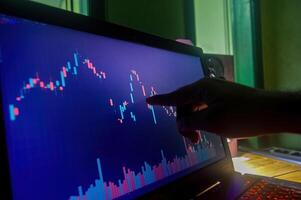 hand pointing at stock chart on laptop monitor screen photo