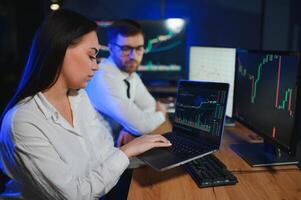 Business team investment working with computer, planning and analyzing graph stock market trading with stock chart data photo