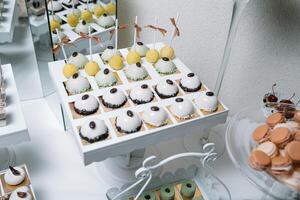 Different fruit desserts with fruits in glasses on the table. Restaurant presentation, food, party concept photo