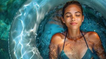 A woman wearing a blue bikini swims in a pool on a sunny day photo