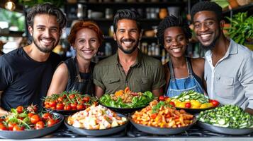 Group of individuals standing around a table filled with a variety of food photo