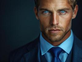 A man dressed in a suit and tie, showcasing piercing blue eyes photo