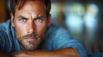 Close up of a person wearing a blue shirt photo