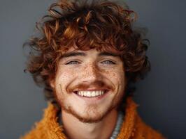 A man with freckled hair and a beard smiles photo