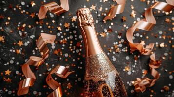 Bottle of champagne adorned with confetti and streamers photo