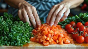 A person diligently chops a variety of vegetables on a wooden cutting board photo