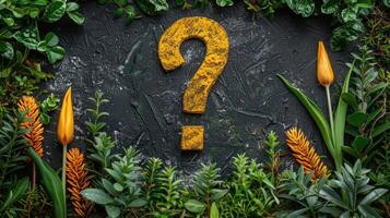 A sign marked with a question mark is positioned amidst lush green plants photo
