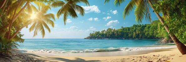 A painting of a sandy tropical beach with a row of lush palm trees under a clear blue sky photo