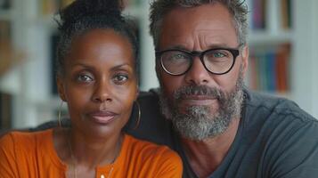 A man and a woman are seated next to each other photo