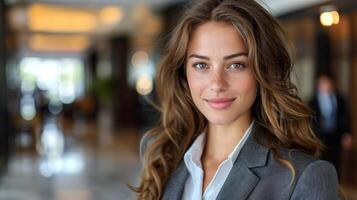 A woman in a business suit smiling for a photo