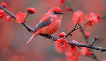 Red bird perched on branch amidst red flowers photo
