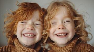 Two young girls are joyfully smiling and laughing in each others company photo
