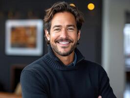 un hombre en un negro suéter sonrisas con su brazos cruzado foto