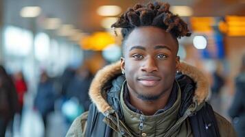 A man with dreadlocks standing in a busy airport terminal photo