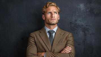 A man in a suit and tie stands confidently, arms crossed photo