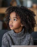 Young girl with curly hair sitting in front of laptop computer photo