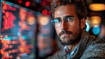 A man with glasses scrutinizing a wall filled with numerical data photo