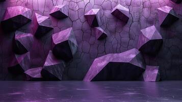 A purple and black wall with some rocks scattered in front of it photo