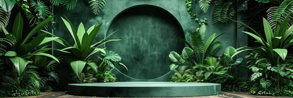 Green toilet surrounded by lush plants and trees in a natural setting photo
