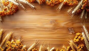 Abundant yellow flowers on wooden table photo