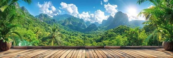 Wooden floor indoors with a view of tall mountains and lush trees outside photo