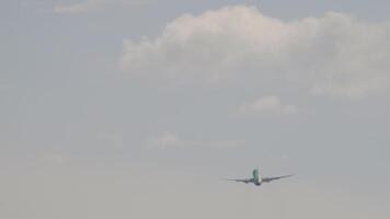 Passenger airplane is flying far away, departing. Aircraft in the air. Background video