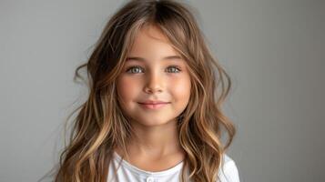 un joven niña con largo pelo vistiendo un blanco camisa foto