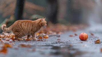 un gato por casualidad vagante a través de un mojado calle junto a un manzana foto