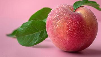 Detailed close-up of a fresh apple with a green leaf against a soft pink backdrop photo