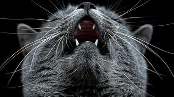 un gato demostración sus dientes con sus boca amplio abierto foto