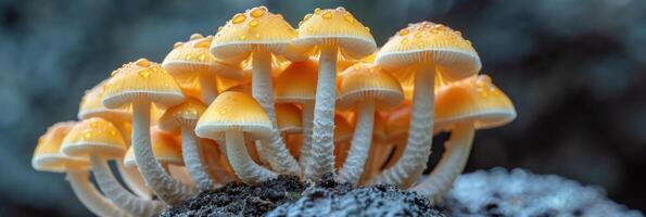 Detailed close up of a cluster of various mushrooms in their natural habitat photo