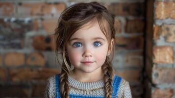 Young girl with braided hair standing by brick wall photo