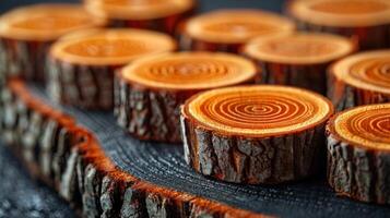 A tight shot of several stacked wood logs in a natural setting photo