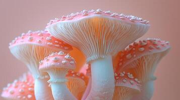 Close up of a cluster of pink and white mushrooms in a natural setting photo