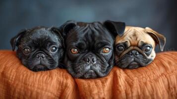 Three pugs are seated together on a couch photo