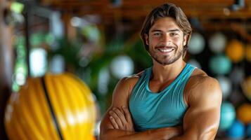 A man standing while posing for a picture with his arms crossed photo