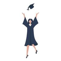 un jubiloso graduado en gorra y vestido, alegremente lanzamiento su graduación gorra dentro el aire. el imagen exuda un sentido de logro y celebracion. vector