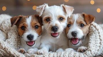 Tres pequeño perros son sentado en un acogedor perro cama foto