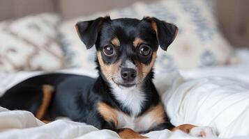 A small dog with black and brown fur relaxing on top of a bed photo