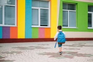 Little boy going back to school. Child with backpack and books on first school day. Back view. School concept. Back to school. photo