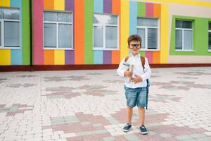 Back to school. Happy smiling boy in glasses is going to school for the first time. Child with backpack and book outdoors. Beginning of lessons. First day of fall photo