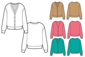 Fashion technical sketch of set woman knit cardigan in graphic. vector