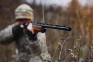 The hunter takes aim at the wild beast in the forest. Hunting concept. photo