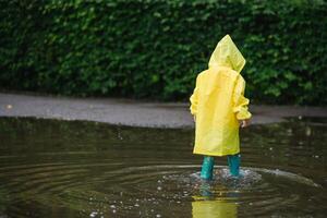 pequeño chico jugando en lluvioso verano parque. niño con paraguas, impermeable Saco y botas saltando en charco y barro en el lluvia. niño caminando en verano lluvia al aire libre divertido por ninguna clima. contento infancia foto