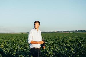 Agronomist holds tablet touch pad computer in the soy field and examining crops before harvesting. Agribusiness concept. agricultural engineer standing in a soy field with a tablet in summer. photo