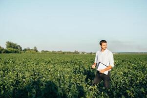 Agronomist holds tablet touch pad computer in the soy field and examining crops before harvesting. Agribusiness concept. agricultural engineer standing in a soy field with a tablet in summer. photo