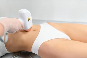 laser hair removal. Woman on laser hair removal treatments thighs and bikini area photo